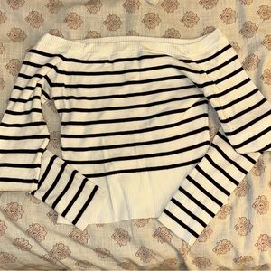 Garage Off-the-Shoulder White Sweater with Black Stripes